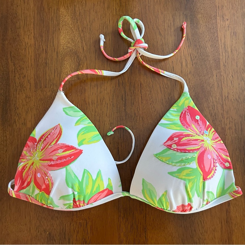 Tropical Floral Bikini Top Women XL Beaded Hibiscus Triangle Swim Pink Green - Picture 9 of 9